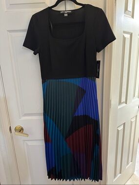 Karl Lagerfeld Black Top with Multicolor Geometric Pleated Midi Dress Size Small